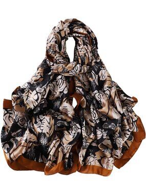Women's White Brown Lightweight Silk Scarves Flower Print Head Cotton Wrap Scarf
